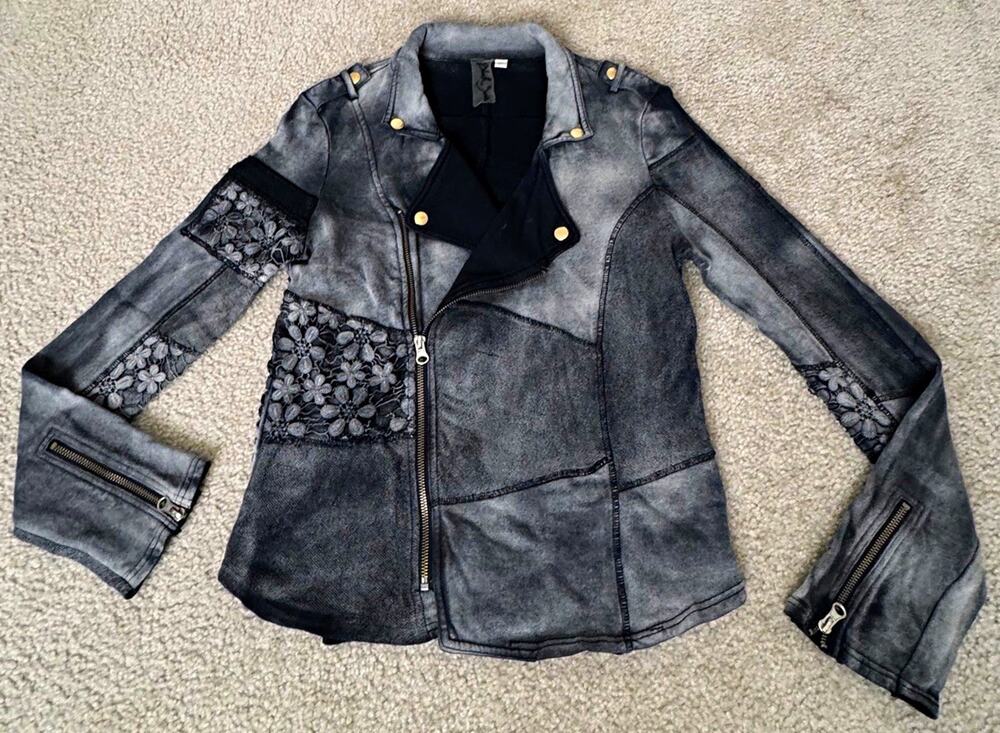 Black Swan Womens Small Gray Floral Lace Cotton Moto Soft Jacket Acid Wash Y2K
